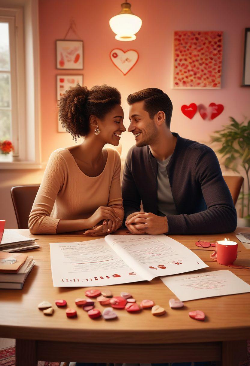 A warm and inviting scene featuring a diverse couple sitting at a cozy table covered with love insurance policy documents. They are smiling and looking at each other with trust and affection, surrounded by symbols of love like hearts and a safe box filled with security icons. The background is vibrant and filled with soft colors to evoke a sense of peace and stability. super-realistic. vibrant colors. 3D.