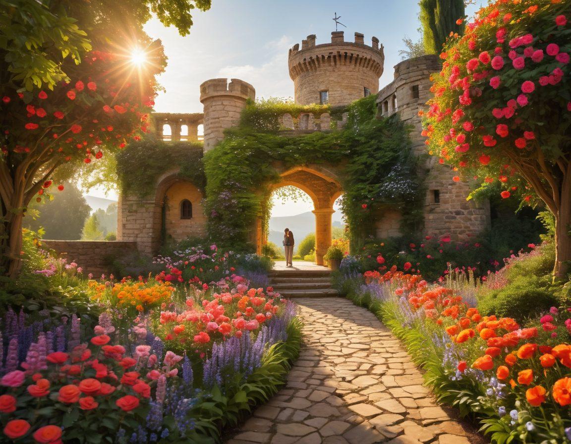 A serene landscape depicting a couple walking hand-in-hand through a beautiful garden filled with vibrant flowers, symbolizing love. In the background, a sturdy financial fortress made of bills and coins stands tall, representing financial security. Gentle sunlight casts a golden hue over the scene, enhancing the mood of peace and tranquility. Heart shapes subtly integrated into the flowers create a whimsical touch. super-realistic. vibrant colors. soft focus.