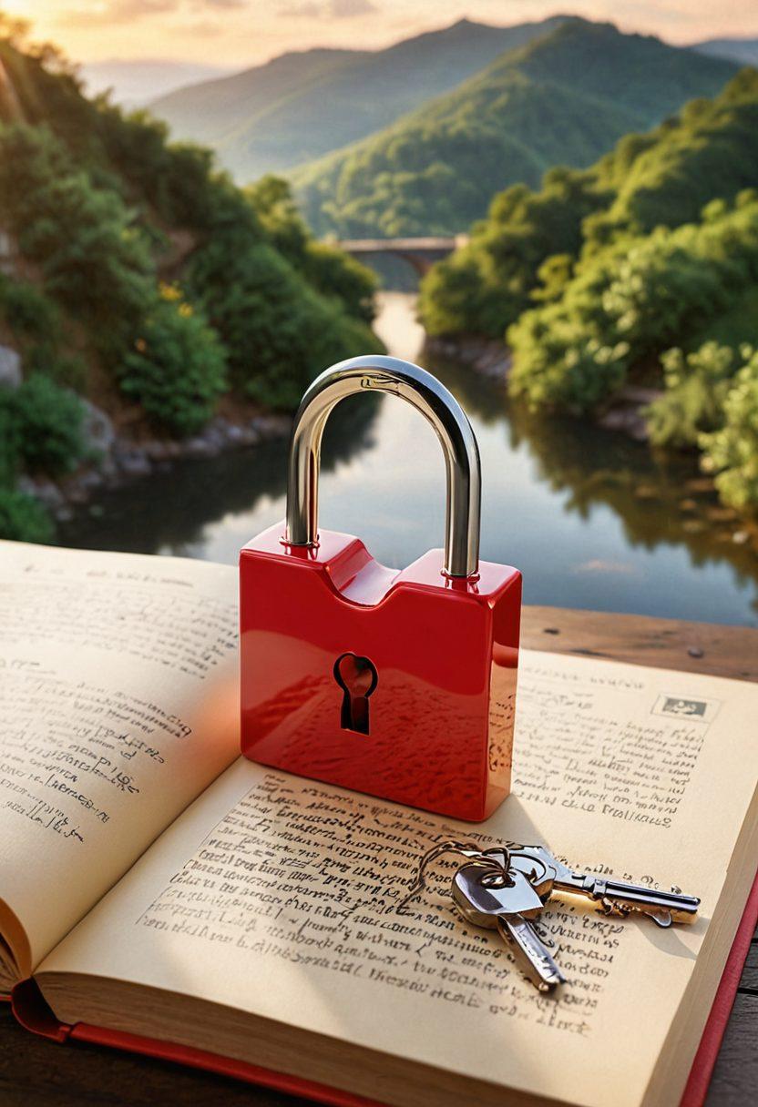 A beautiful heart-shaped lock symbolizing love insurance, surrounded by delicate financial documents and heartwarming quotes. The background features a tranquil landscape that represents lasting security and stability, with a soft, glowing light illuminating the scene. The colors are warm and inviting, providing a sense of comfort and assurance. super-realistic. vibrant colors. peaceful atmosphere.